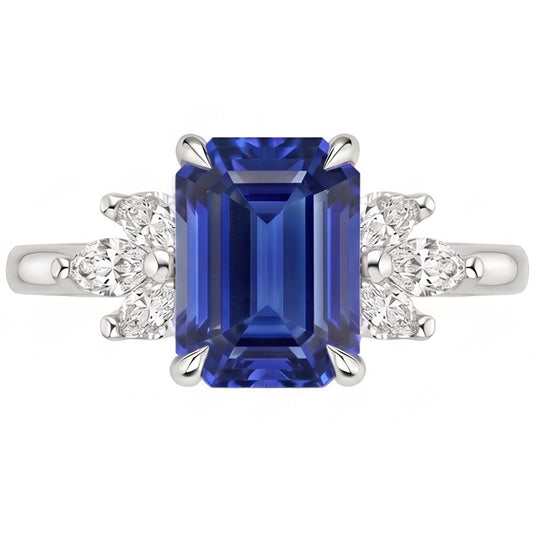 Solitaire Ring with Accents Sri Lankan Sapphire & Pear Stone 4 Carats