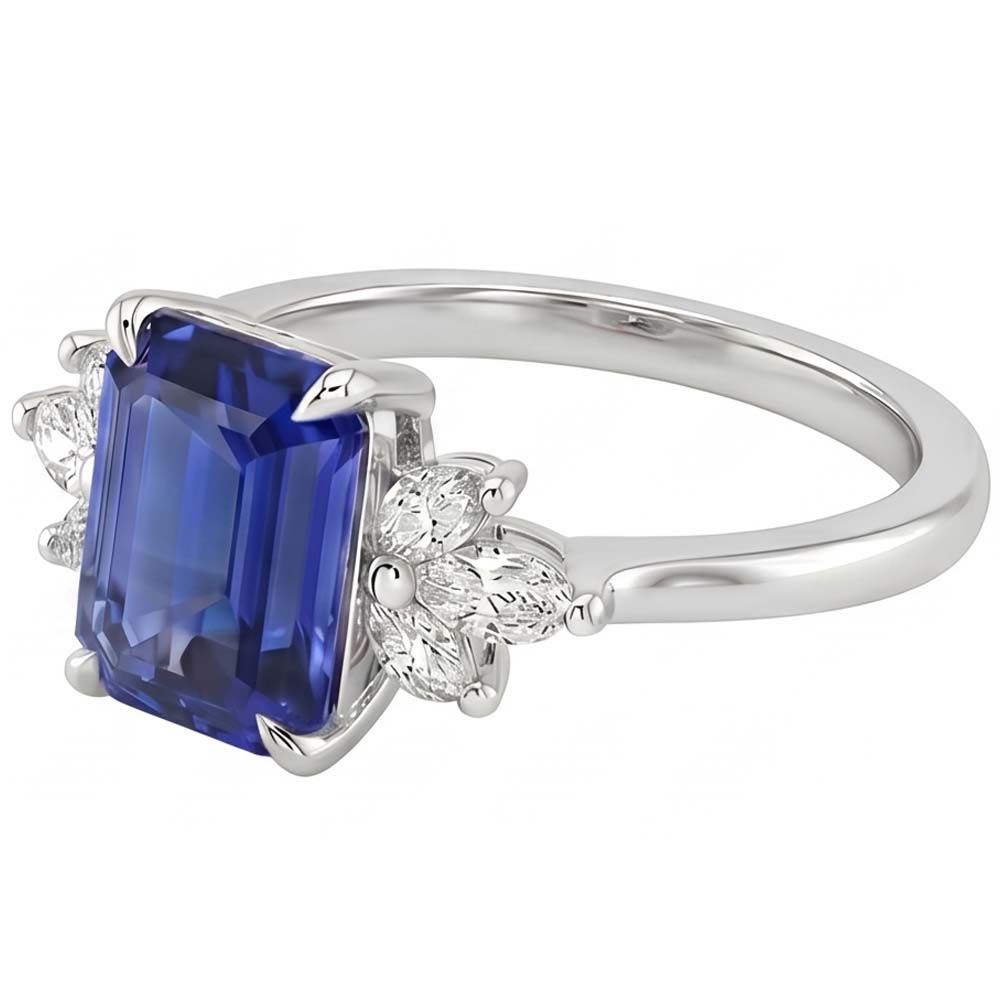 Solitaire Ring with Accents Sri Lankan Sapphire & Pear Stone 4 Carats