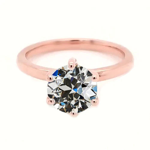 Solitaire Round Old Mine Cut Real Diamond Ring 6 Prong Set 2 Carats