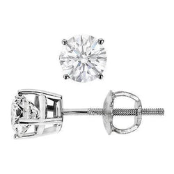 Solitaire Round Real Diamond Stud Earring 3 Carat Prong Set White Gold 14K