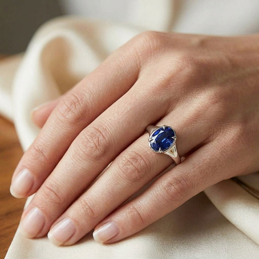 Solitaire Sri Lankan Sapphire Ring White Gold 14K Oval Cut 3 Carats