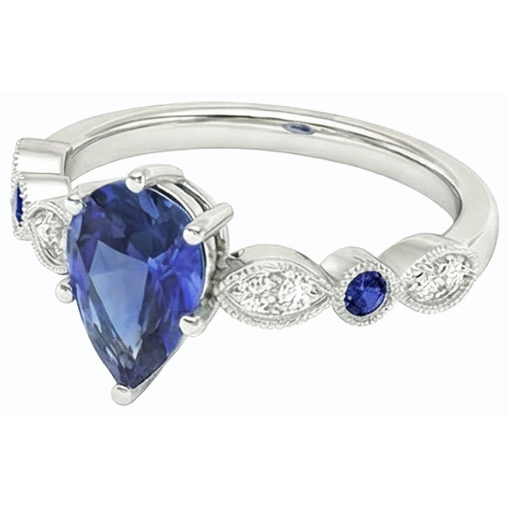 Solitaire Wedding Ring Blue Sapphire With Natural Earth Mined Diamond Accents 2.50 Carats