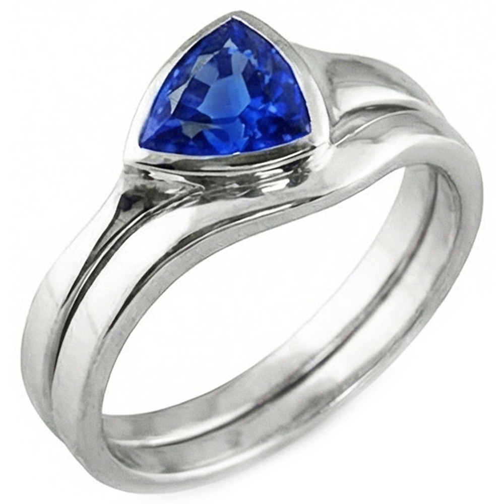 Solitaire Wedding Ring Set Trillion Sapphire 1.50 Carats Bezel Set