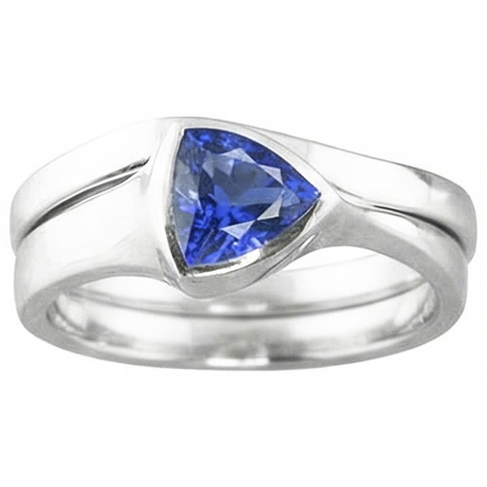 Solitaire Wedding Ring Set Trillion Sapphire 1.50 Carats Bezel Set