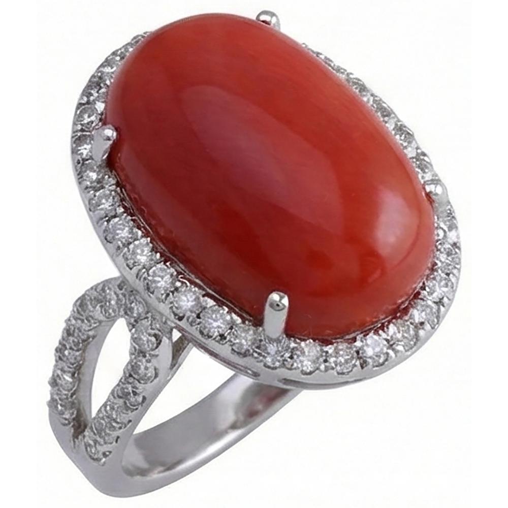 Solitaire With Accent 13.75 Ct Red Coral And Natural Earth Mined Diamonds Ring New