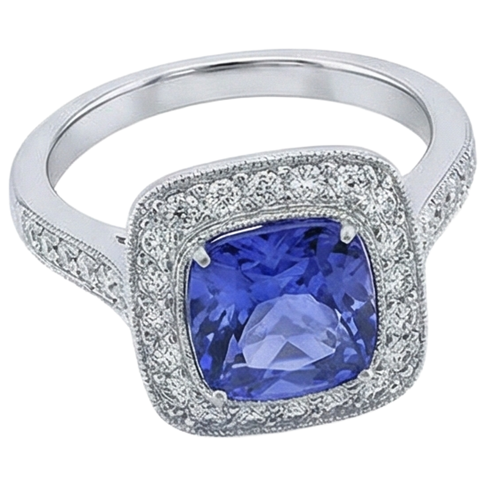 Solitaire With Accent 18 Ct Tanzanite With Natural Earth Mined Diamonds Ring White Gold