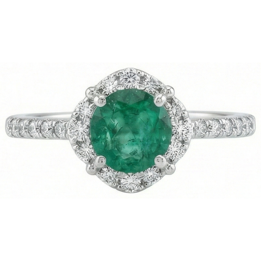 Solitaire With Accents 3.40 Ct Green Emerald And Natural Earth Mined DIAMOND ( NOT LAB GROWN )s Ring White Gold 14K