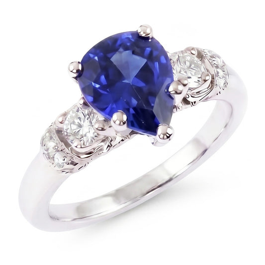 Solitaire With Accents Blue Sapphire Ring Milgrain Shank 1.75 Carats