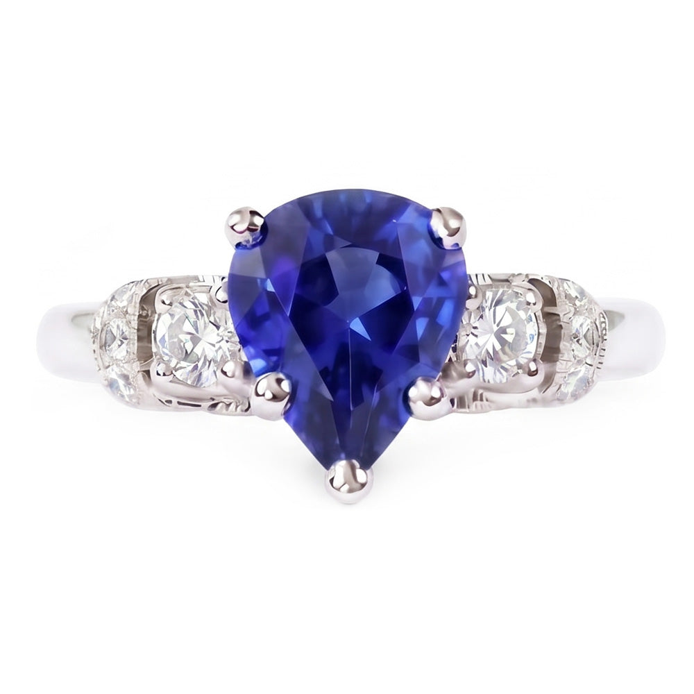 Solitaire With Accents Blue Sapphire Ring Milgrain Shank 1.75 Carats