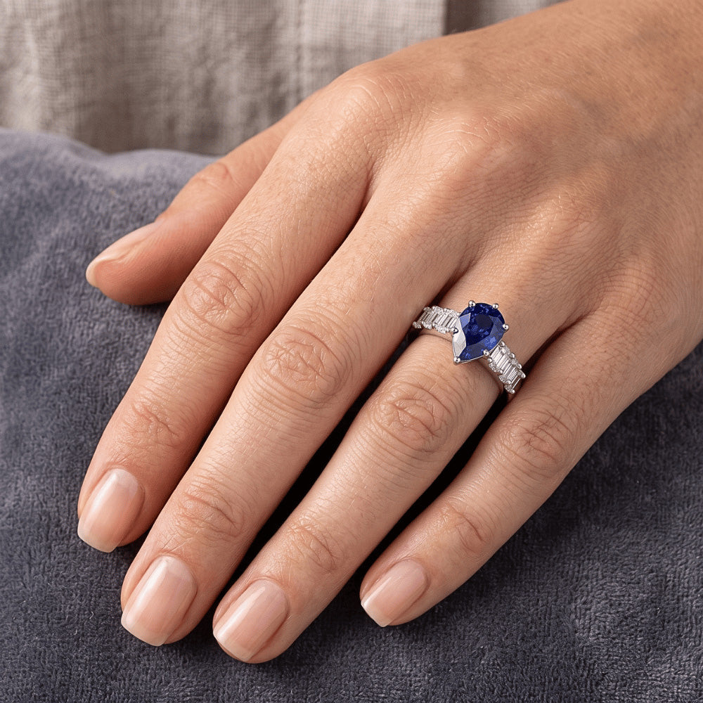 Solitaire With Emerald Natural Earth Mined Diamond Accents Ring Blue Sapphire 2.50 Carats