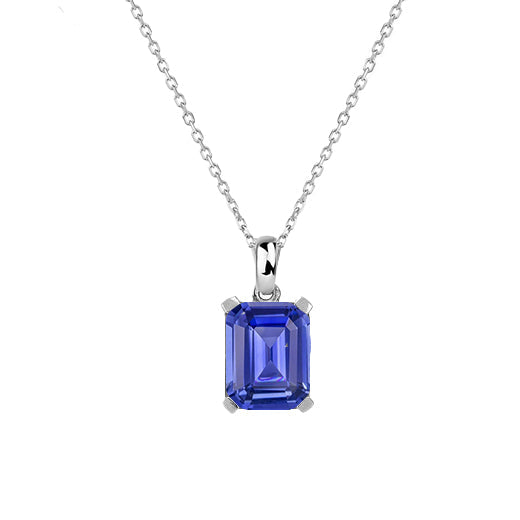Cornflower Blue Sapphire Emerald Cut Precious Stone Pendant in 14 Karat White Gold – main view