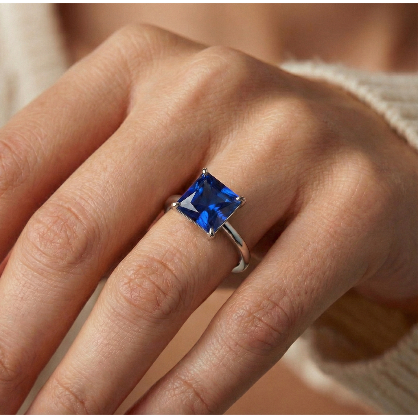 Solitaire Princess Sri Lankan Sapphire Ring 5 Carats White Gold 14K