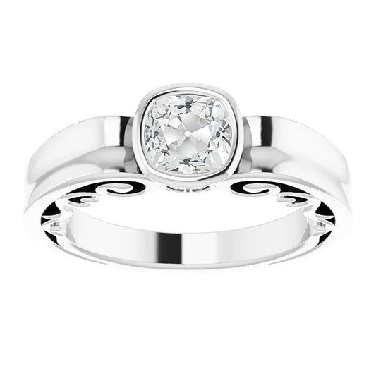 Solitaire Ring Cushion Old Cut Natural Earth Mined Diamond Bezel Set Filigree 2.15 Carats