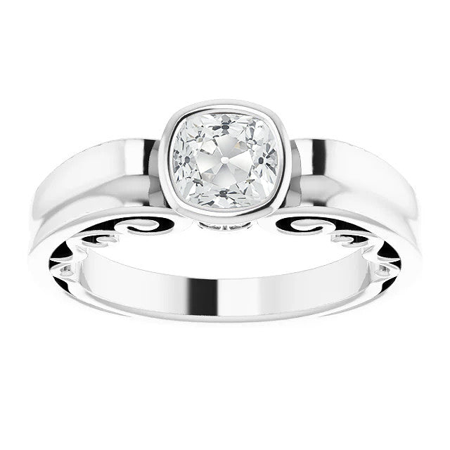 Solitaire Ring Cushion Old Cut Natural Earth Mined Diamond Bezel Set Filigree 2.15 Carats