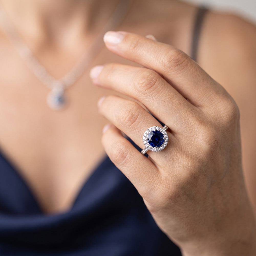 Sparking Natural Earth Mined Diamond Halo Ring Round Cut Ceylon Sapphire 3.50 Carats Gold