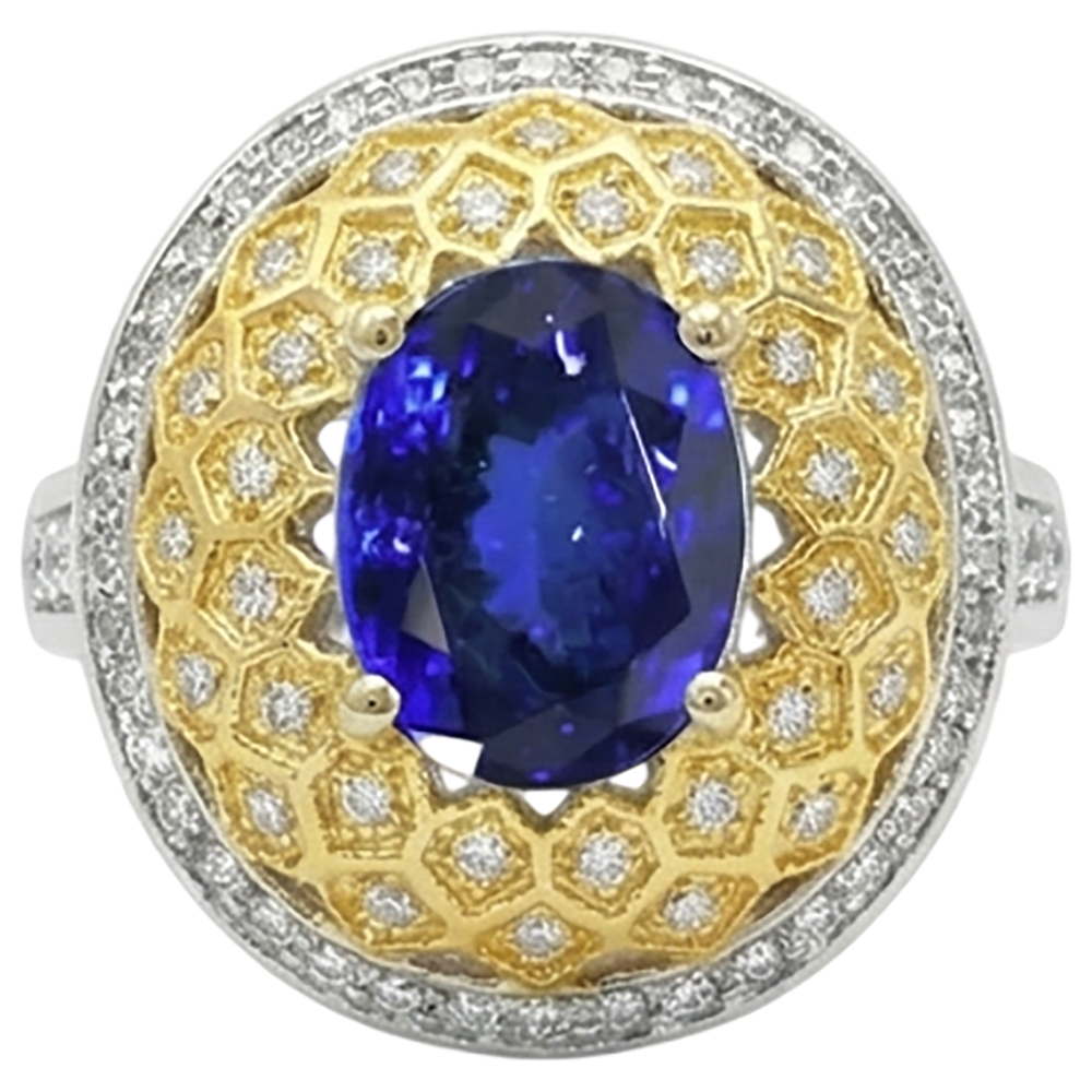 Sparkling 3.11 Ct Oval Tanzanite Natural Earth Mined DIAMOND ( NOT LAB GROWN )s Ring Two Tone Gold