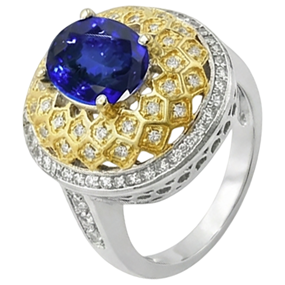 Sparkling 3.11 Ct Oval Tanzanite Natural Earth Mined DIAMOND ( NOT LAB GROWN )s Ring Two Tone Gold
