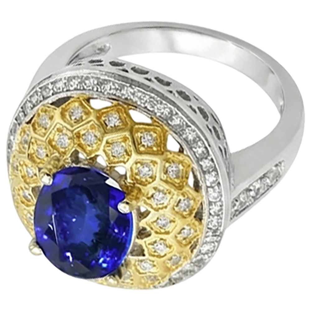 Sparkling 3.11 Ct Oval Tanzanite Natural Earth Mined DIAMOND ( NOT LAB GROWN )s Ring Two Tone Gold