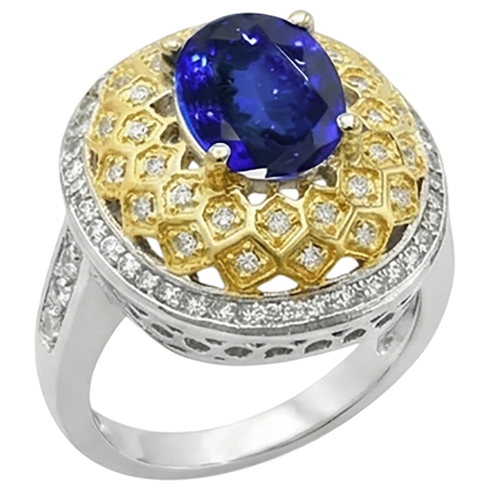 Sparkling 3.11 Ct Oval Tanzanite Natural Earth Mined DIAMOND ( NOT LAB GROWN )s Ring Two Tone Gold