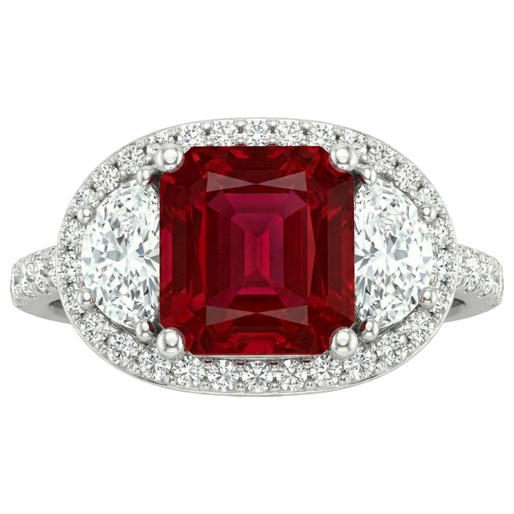 Sparkling 3 Carat Princess Red Ruby Three Stone Style Ring WG 14K