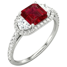 Sparkling 3 Carat Princess Red Ruby Three Stone Style Ring WG 14K