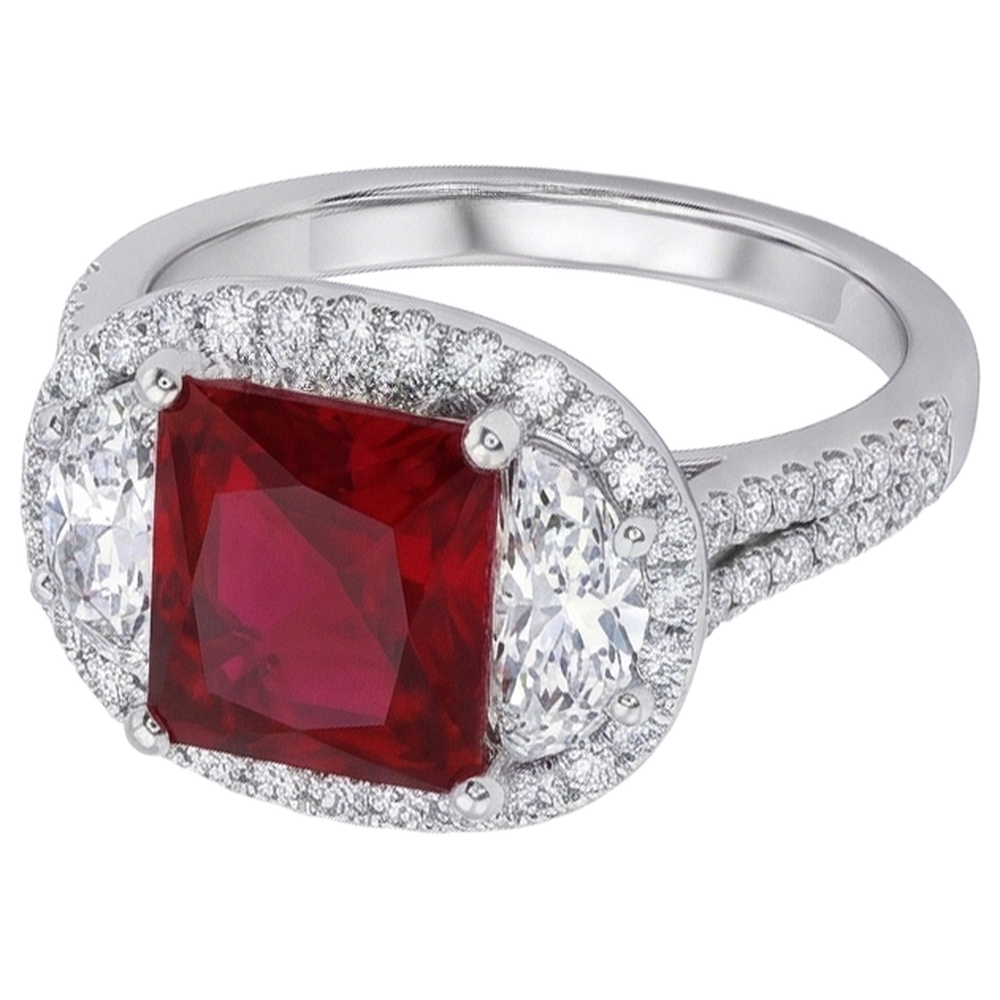 Sparkling 3 Carat Princess Red Ruby Three Stone Style Ring WG 14K