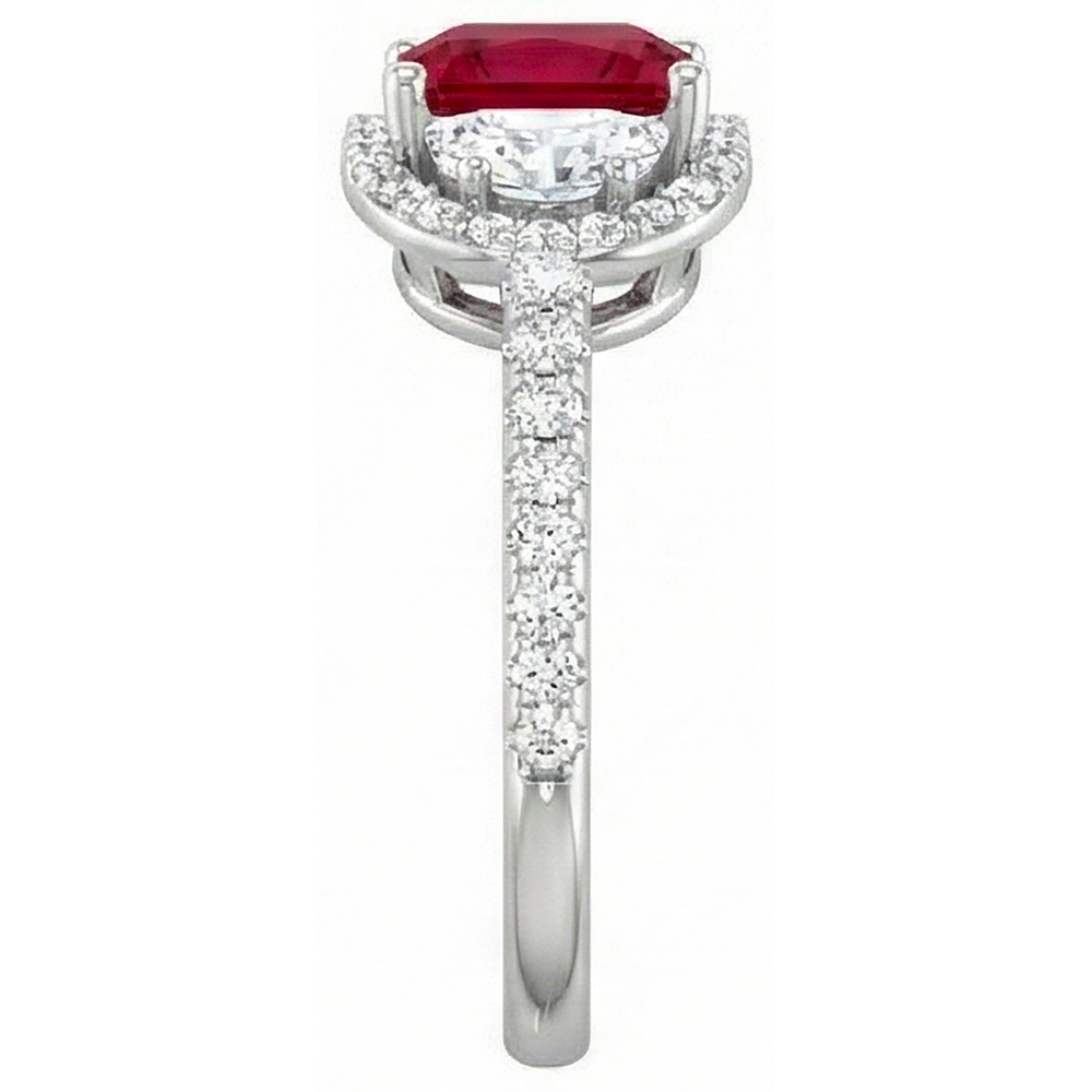 Sparkling 3 Carat Princess Red Ruby Three Stone Style Ring WG 14K