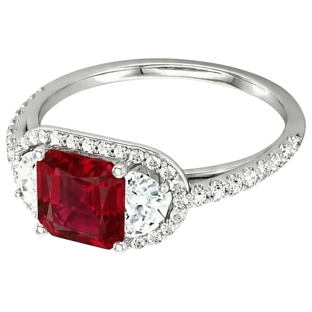 Sparkling 3 Carat Princess Red Ruby Three Stone Style Ring WG 14K