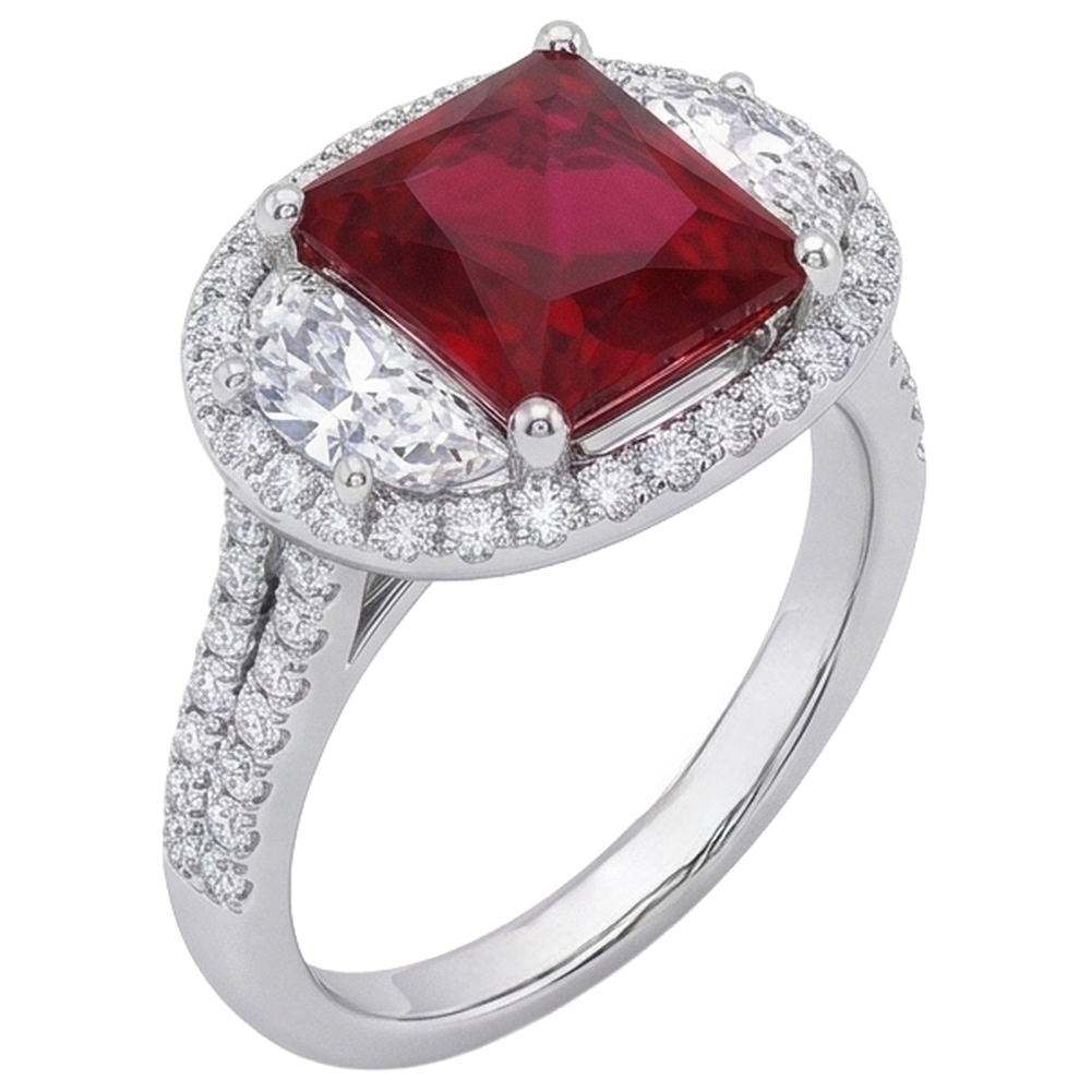 Sparkling 3 Carat Princess Red Ruby Three Stone Style Ring WG 14K