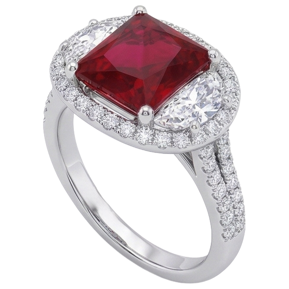 Sparkling 3 Carat Princess Red Ruby Three Stone Style Ring WG 14K