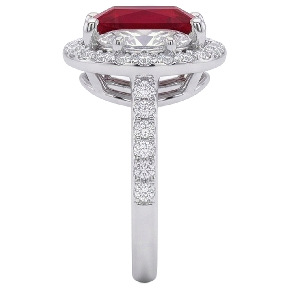 Sparkling 3 Carat Princess Red Ruby Three Stone Style Ring WG 14K