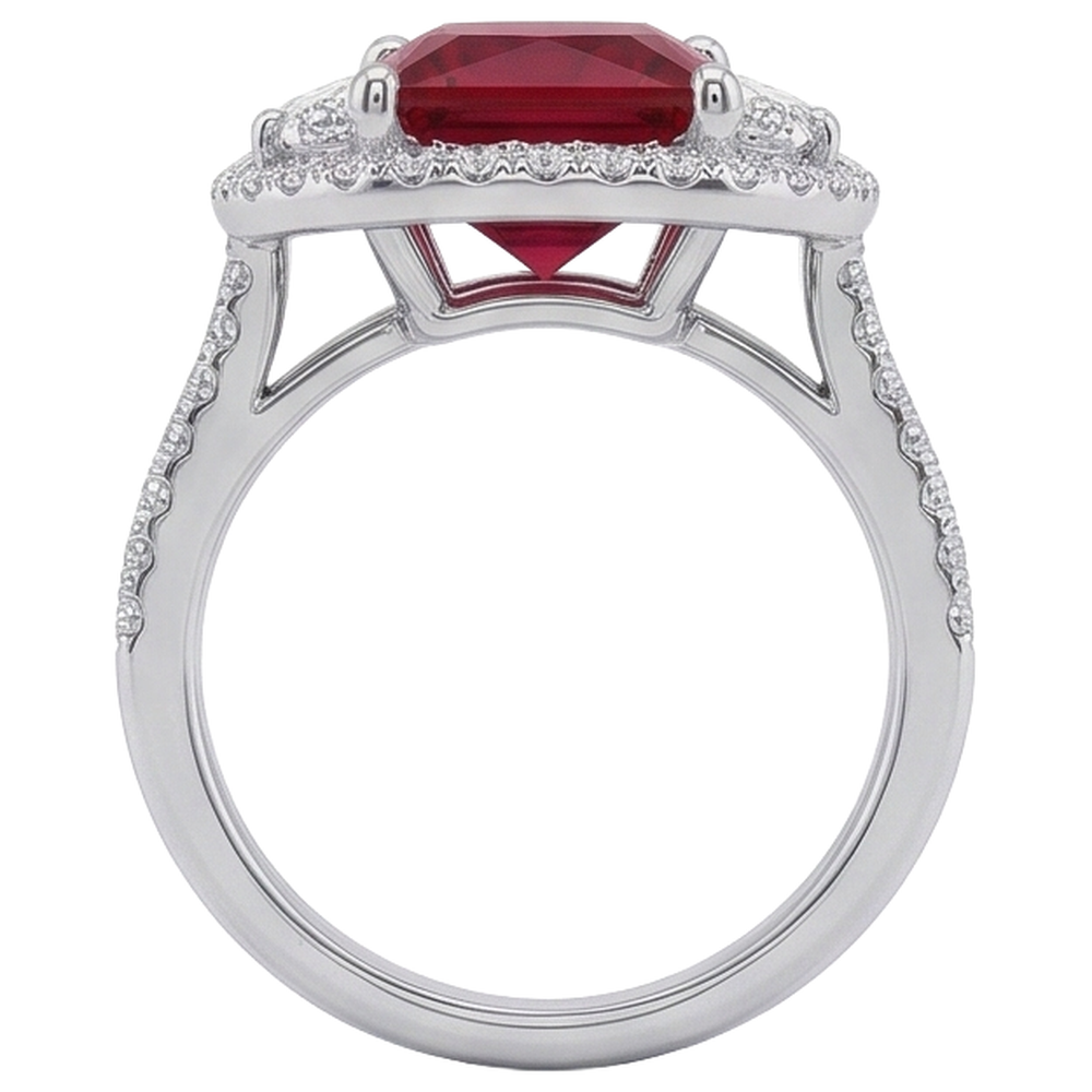 Sparkling 3 Carat Princess Red Ruby Three Stone Style Ring WG 14K