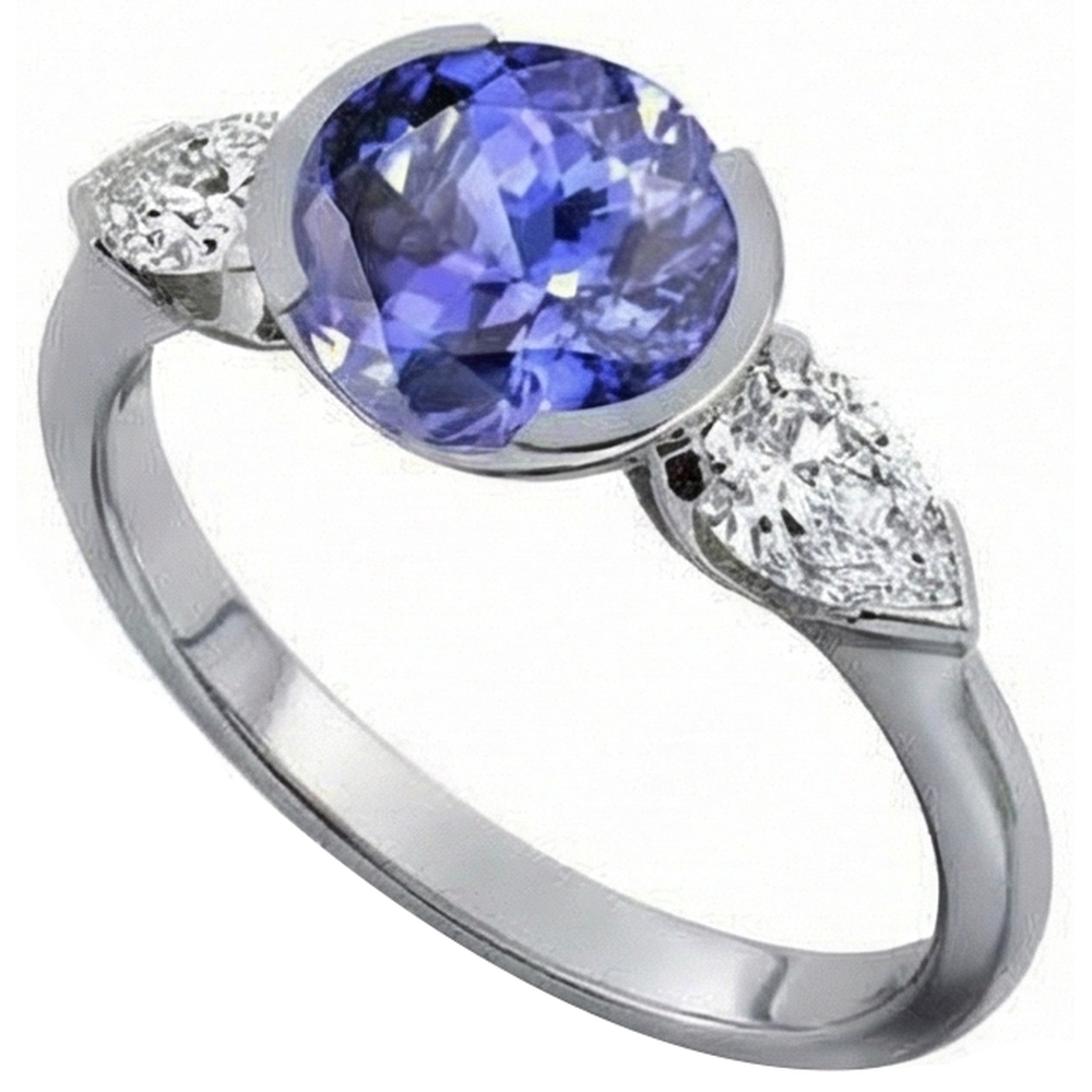 Sparkling 3-Stone 3 Carat Oval Tanzanite And Pear Natural Earth Mined DIAMOND ( NOT LAB GROWN ) Ring
