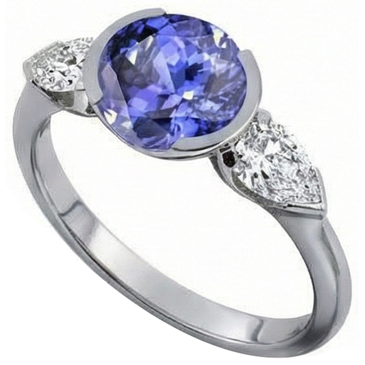 Sparkling 3-Stone 3 Carat Oval Tanzanite And Pear Natural Earth Mined DIAMOND ( NOT LAB GROWN ) Ring