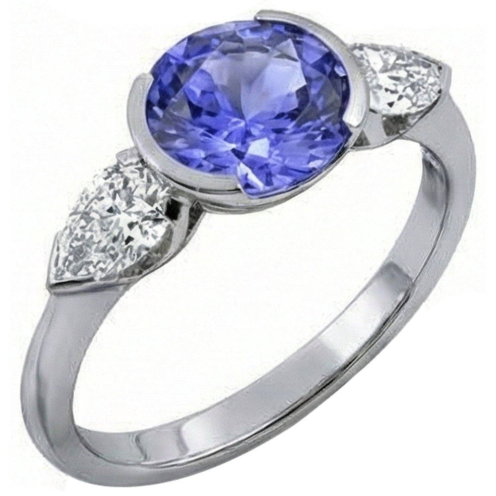 Sparkling 3-Stone 3 Carat Oval Tanzanite And Pear Natural Earth Mined DIAMOND ( NOT LAB GROWN ) Ring
