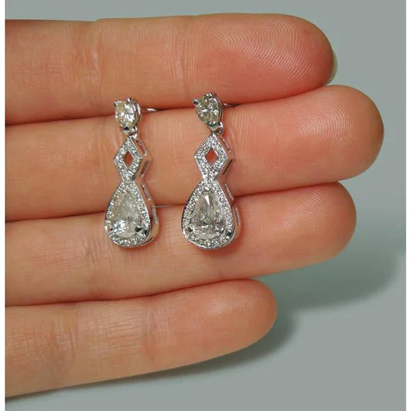 Sparkling 3.50 Carat Pear Real Diamond Dangle Drop Pair Earrings WG 14K