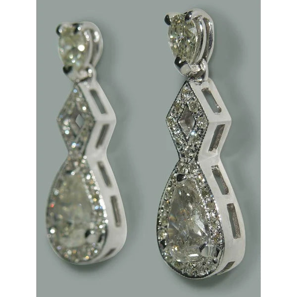 Sparkling 3.50 Carat Pear Real Diamond Dangle Drop Pair Earrings WG 14K
