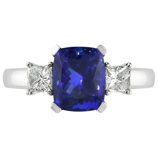 Sparkling 4.01 Carats Tanzanite Cushion And Natural Earth Mined Diamond Anniversary Ring