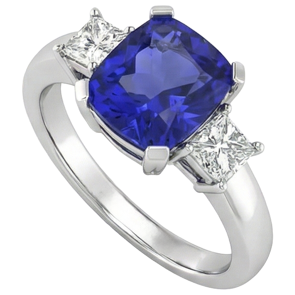 Sparkling 4.01 Carats Tanzanite Cushion And Natural Earth Mined Diamond Anniversary Ring