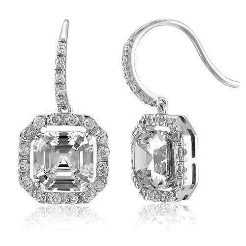 Sparkling 4 Carats Real Diamonds Ladies Dangle Earrings White Gold 14K