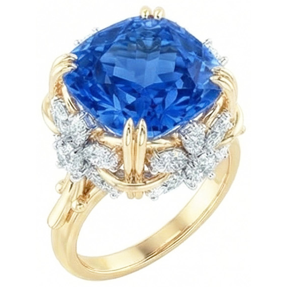 Sparkling Cushion Ceylon Sapphire Natural Earth Mined DIAMOND ( NOT LAB GROWN ) Ring 7.81 Ct Yellow Gold 14K