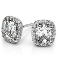 Sparkling Cushion & Round Cut 3.40 Carats Real Diamonds Stud Halo Earrings