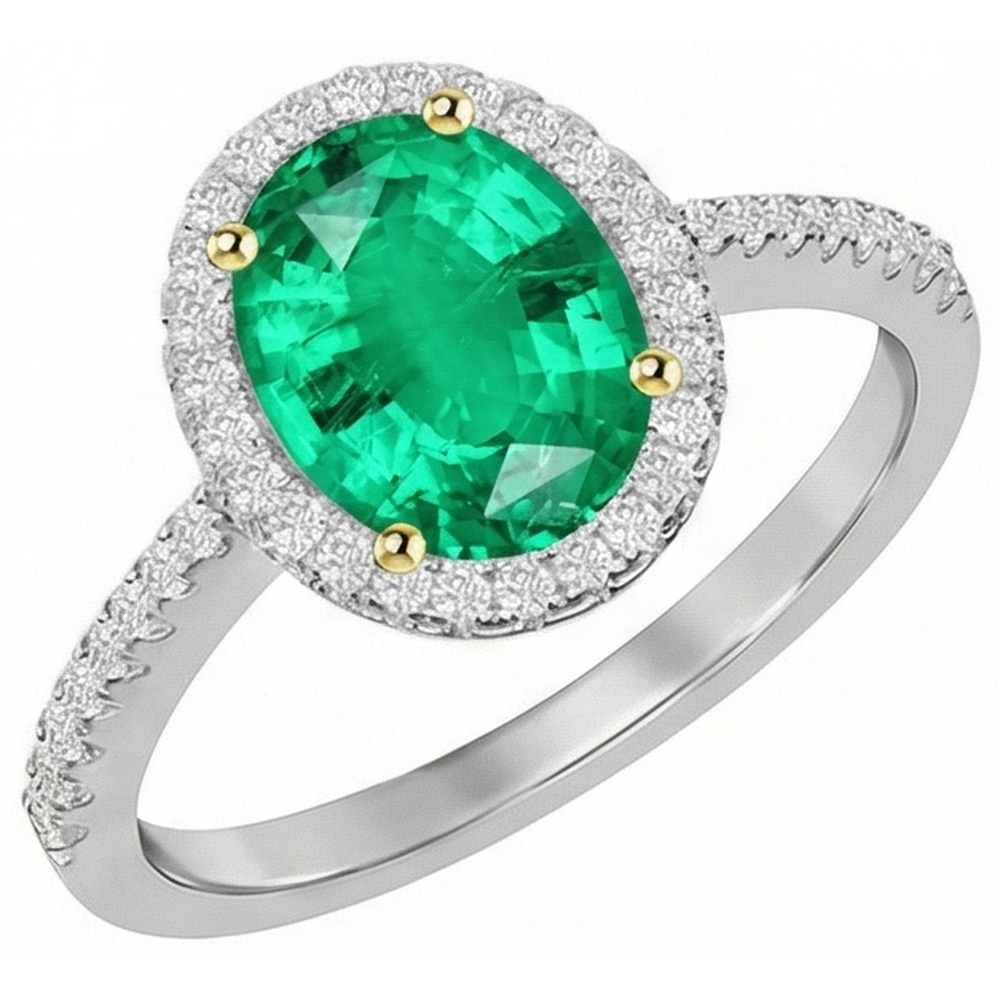 Fine Emerald Oval Cut Gemstone Ring in 14K Two Tone Gold – front view