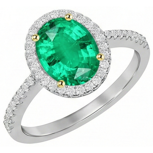 Fine Emerald Oval Cut Gemstone Ring in 14K Two Tone Gold – front view