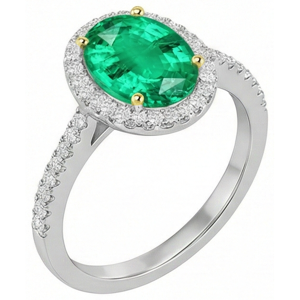 Fine Emerald Oval Cut Gemstone Ring in 14K Two Tone Gold – angle view