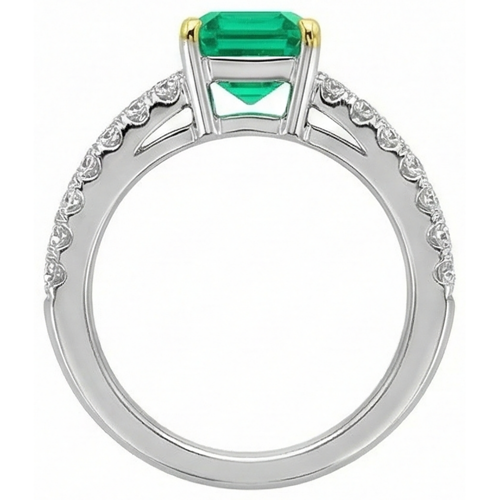 Step Cut Colombian Emerald ring in 14K Two Tone Gold – top view