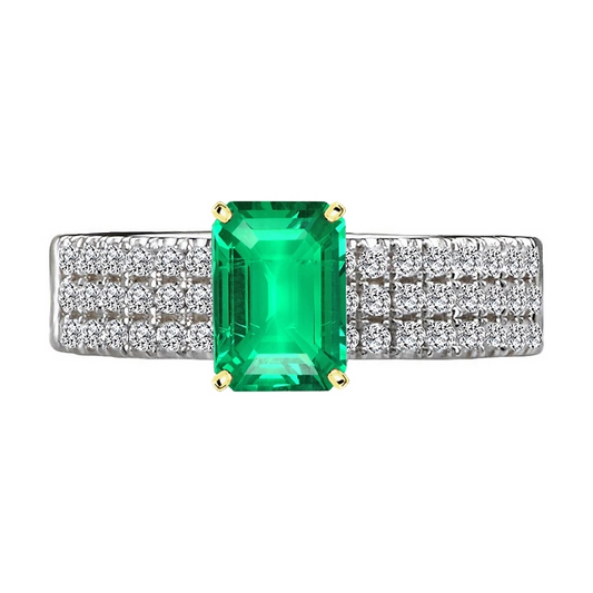 Step Cut Colombian Emerald ring in 14K Two Tone Gold – main view