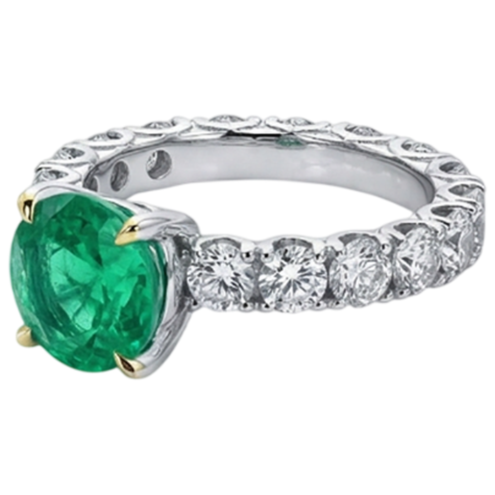 Colombian Emerald Round Cut Colored Stone Ring in Two-Tone 14K Gold – profile view