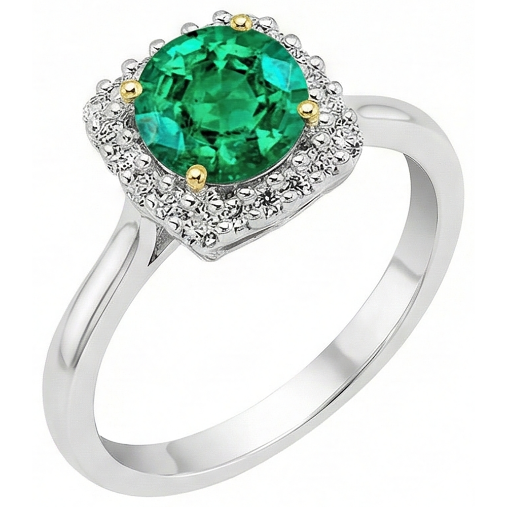 Round Cut Colombian Emerald ring in 14 Karat Two Tone Gold – side view