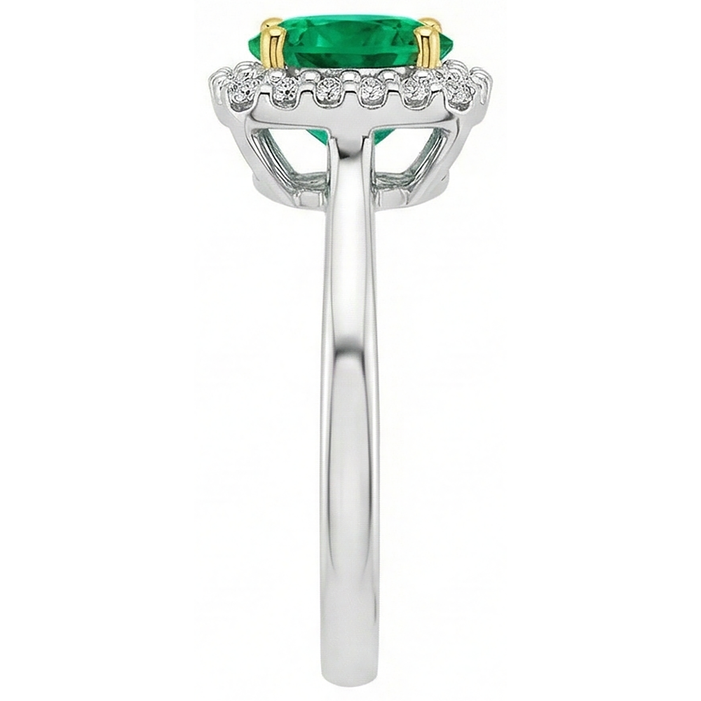 Colombian Emerald Round Cut Gemstone Ring in 14 Karat Two Tone Gold – profile view